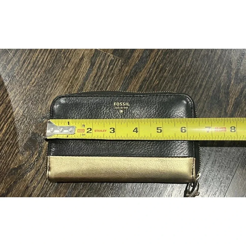 Fossil Sydney Wallet Wristlet Black Metallic Gold Leather Accordion‎ Clutch